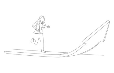 Continuous one line drawing of businesswoman running along rising arrow, career growth or business progress concept, single line art.