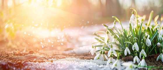 Banner with spring awakening: snowdrop flowers emerging from melting snow at sunrise. Postcard with copy space. Generative AI