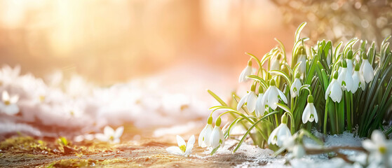Banner with spring awakening: snowdrop flowers emerging from melting snow at sunrise. Postcard with copy space. Generative AI