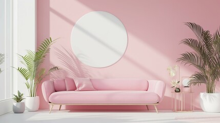 Fototapeta na wymiar Round cute sofa, wall art frame background