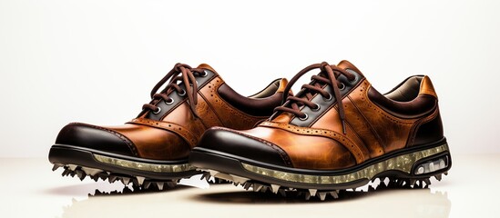 A pair of brown leather golf shoes isolated on white background. Trendy sporty and elegant.