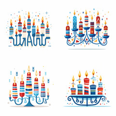 Happy Hanukkah Jewish holiday, candlestick set isolated on white, Cartoon flat illustration Decorative Menorah, Jewish Festival of Lights, Religious festive symbols