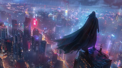 Virtual Avatar, flowing cape, mysterious aura, standing atop a futuristic cityscape, glowing neon lights, realistic, spotlight, chromatic aberration