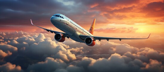 An airplane flying above the dramatic clouds at sunset. Transportation flight background, for templates and banners.