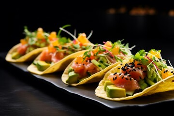 The Poke Tacos arranged on a black slate platter, featuring spicy tuna, sliced avocado, diced mango, and wasabi mayo drizzle, served on mini tortillas, garnished with black sesame seeds 