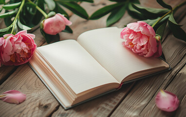 Fototapeta na wymiar Pink peonies laying next to an open vintage notebook with copy space. 