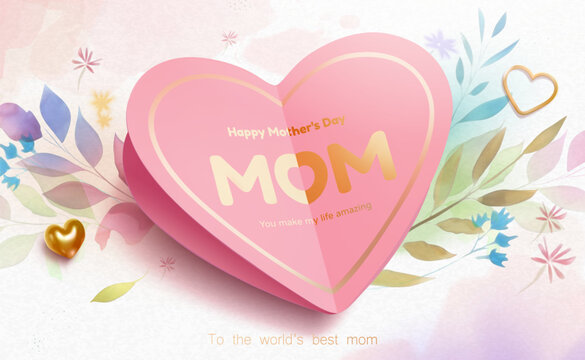 Pink Mothers Day card with golden heart decoration on watercolor leaves background.