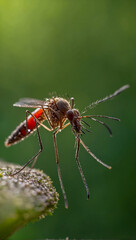 close up of a mosquito in full focus and detail with beautiful bokeh and green background