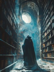Wizard, Robes, Elderly, Casting a powerful spell in the ancient library of books, Moonlight, 3d render, Silhouette lighting, Vignette - obrazy, fototapety, plakaty