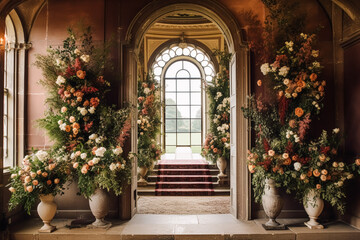 Floral decoration, wedding decor and autumn holiday celebration, autumnal flowers and event decorations in the English countryside mansion estate, country style - obrazy, fototapety, plakaty