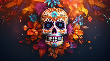 Beautiful background Vintagestyle sugar skull adorned with flowers realistic multilayering,A skull with flowers around it