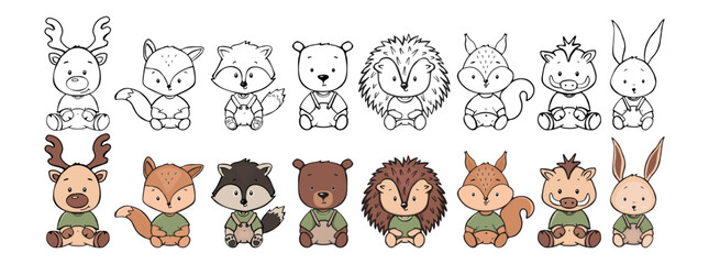 cute children's woodland animals vector set for coloring, kids woodland animals sitting vector children's illustration