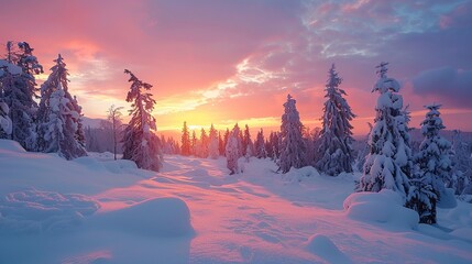 Fantastic winter landscape during sunset with plenty of snow and snow covered trees. colorful sky glowing by sunlight.