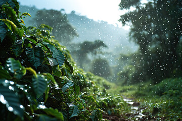 Warm summer rain over a coffee plantation. Generated by artificial intelligence