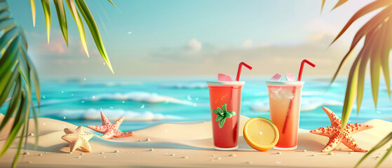 Summer beach 3D vector illustration, refreshing drink stand under palms, - obrazy, fototapety, plakaty