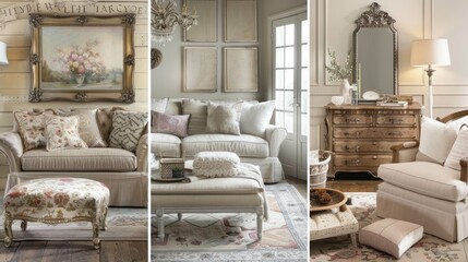 French Country: Warm and inviting, with distressed wood finishes, ornate details, soft color palettes, and vintage-inspired accessories. 