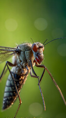 close up of a mosquito in full focus and detail with beautiful bokeh and green background