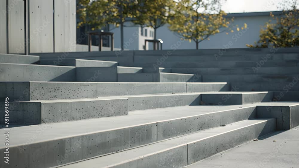 Poster the grey concrete steps and railings create a strong and sy foundation for the seating structure.