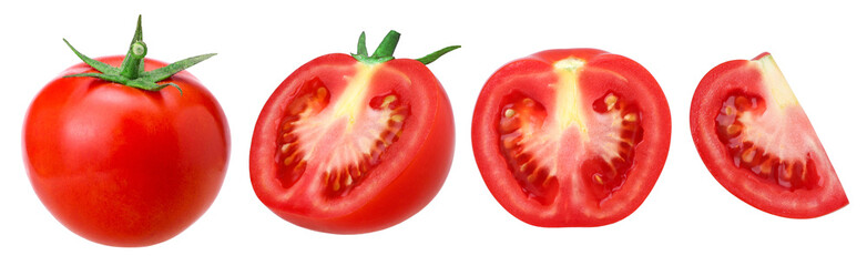 Fresh red tomatoes, half and piece tomato isolated, transparent PNG, PNG format, juicy