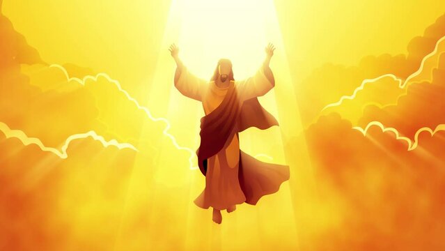 Ascension Day of Jesus Christ biblical motion graphics series, Jesus Christ raises his hands in divine glory, surrounded by holy light and a beautiful cloudscape, as he ascends to heaven