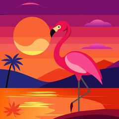 Obraz premium a flamingo standing by the lake at sunset --Vector illustration