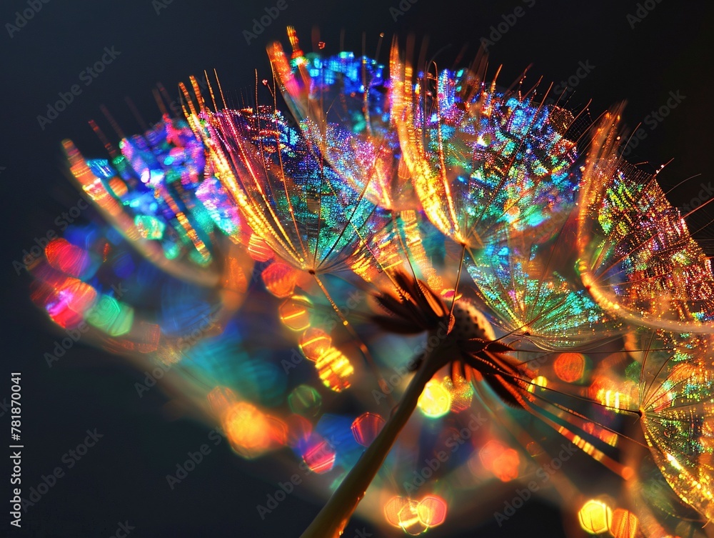 Poster vibrant dreams a close-up of a dandelion seed in a field of colorful lights generative ai