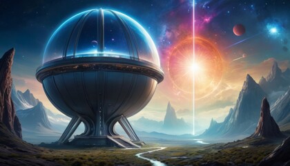 A grand observatory with a dome structure overlooks an alien landscape, bathed in the light of a distant star and nearby planets.. AI Generation