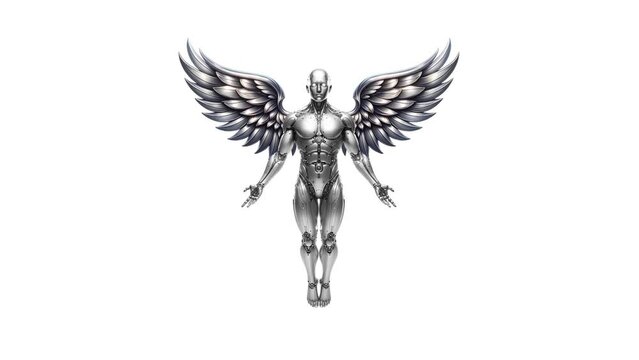 full body figure silver man with angel wings flying in the sky animation