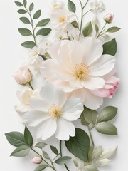 3d wild  flowers,  leaves, nature,  soft colors, freshness,  pastel tones  on white background  