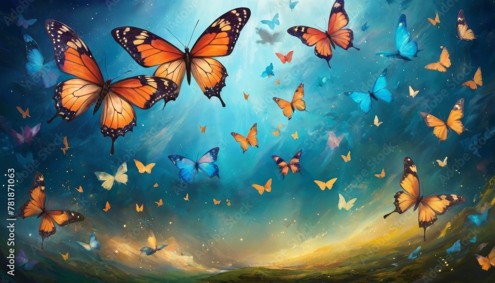 Poster artistic representation of a whimsical scene with orange and blue butterflies fluttering across a se