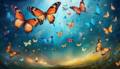 Artistic representation of a whimsical scene with orange and blue butterflies fluttering across a serene twilight landscape.. AI Generation