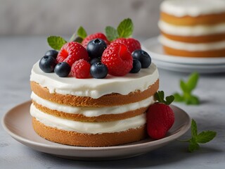 Stack of sweet pancakes and creamy cheesecake topped with fresh red berries for a delicious breakfast or dessert