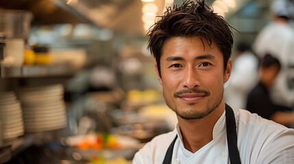 Fototapeta premium Smiling Asian Chef in Professional Kitchen