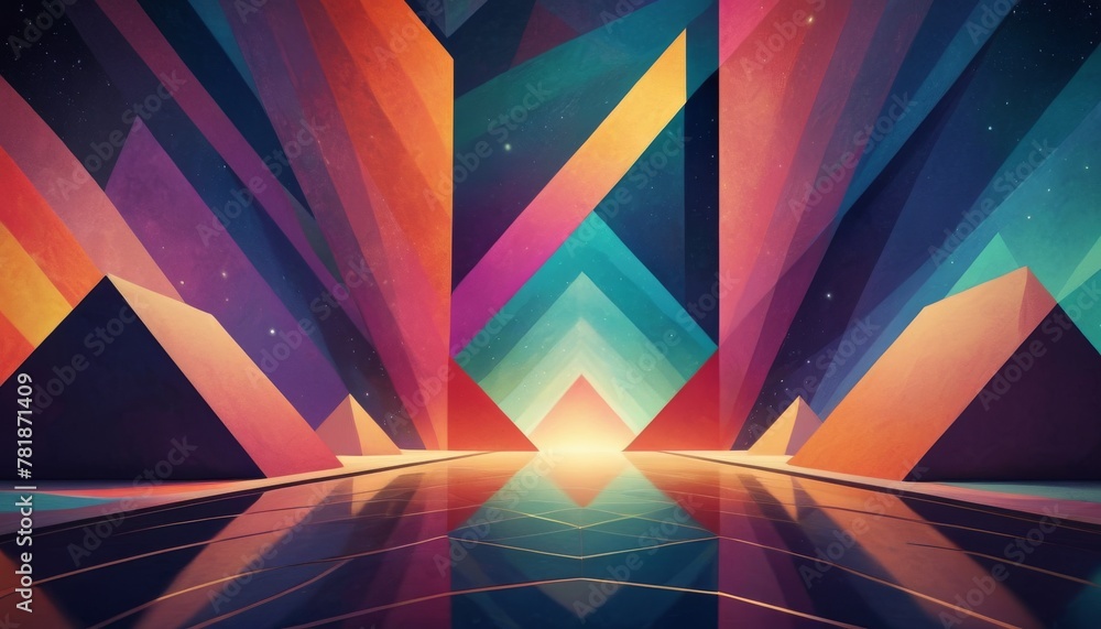 Poster vibrant abstract art with geometric shapes exploding towards a central light, suggesting a digital b