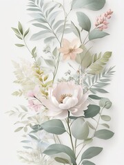 3d wild  flowers,  leaves, nature,  soft colors, freshness,  pastel tones  on white background  
