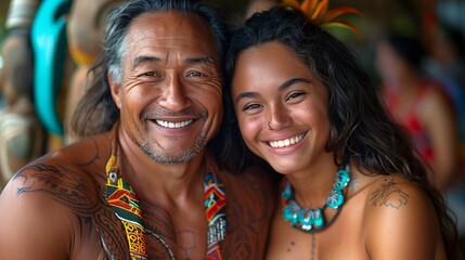 Smiling Father and Daughter with Traditional Polynesian Tattoos - obrazy, fototapety, plakaty