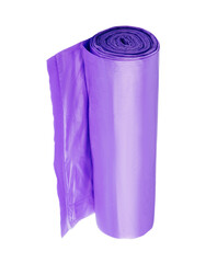 Purple roll of garbage bags isolated on white