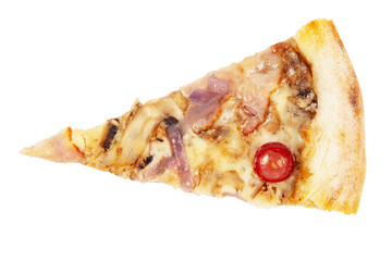 Delicious classic italian Pizza with spicy sausages, pepper, onion and cheese isolated on white background
