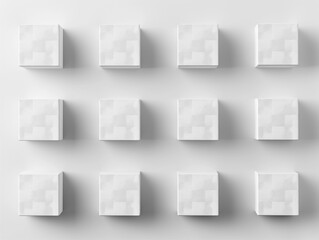 identical white boxes stand on a white background exactly in a checkerboard pattern, top and side views - obrazy, fototapety, plakaty