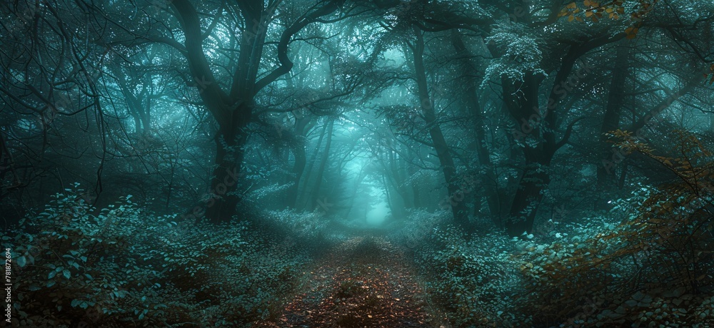 Poster mystical forest path a journey through the enchanted woods generative ai