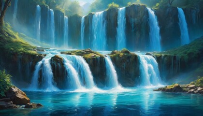 A tranquil waterfall cascades into a serene blue lagoon surrounded by lush greenery and mystical fog in a peaceful landscape.. AI Generation