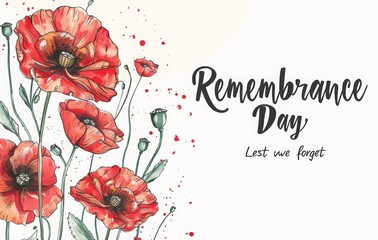 9 may, National celebration of victory day in Russia. Remembrance Day background with poppy flowers and text "Lest we forget". Red flower for Remembrance Day poster template. 