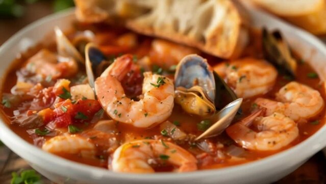 An aromatic bowl of hearty cioppino filled with a variety of tender seafood such as shrimp clams and mussels simmered in a flavorful broth with tomatoes herbs and es. Served