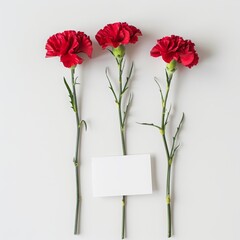 3 red carnations on a white background with an empty paper note. 9 may, National celebration of victory day in Russia.