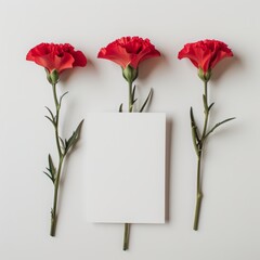 3 red carnations on a white background with an empty paper note. 9 may, National celebration of victory day in Russia.