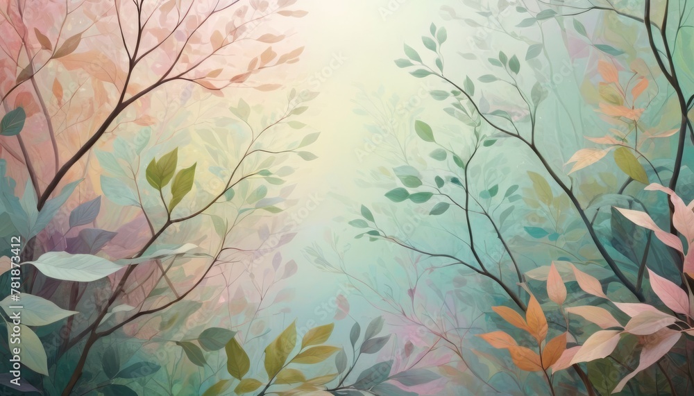 Poster a digitally rendered forest scene with delicate branches and leaves in soft pastel hues, evoking a t