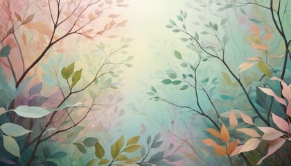 Fototapeta na wymiar A digitally rendered forest scene with delicate branches and leaves in soft pastel hues, evoking a tranquil and mystical atmosphere suitable for diverse creative projects.. AI Generation