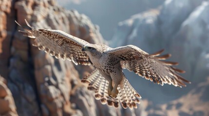 Obraz premium Gyrfalcon is flying in the air hunting for prey, a mountain and a cliff background.
