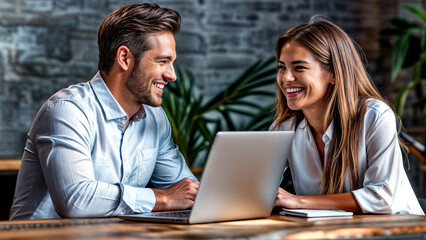 Two smiling professional business people talking using laptop computer working in office. Happy colleagues or entrepreneurs team man and woman discussing corporate technology at workplace. 