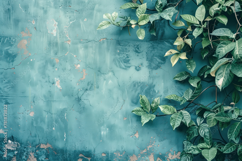 Poster slide background with leaves framing on a painted wall. background image. created with generative ai